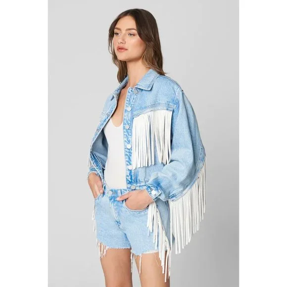 BlankNYC Jacket Nice Try Blue Denim White Fringe Button - Picture 2 of 14